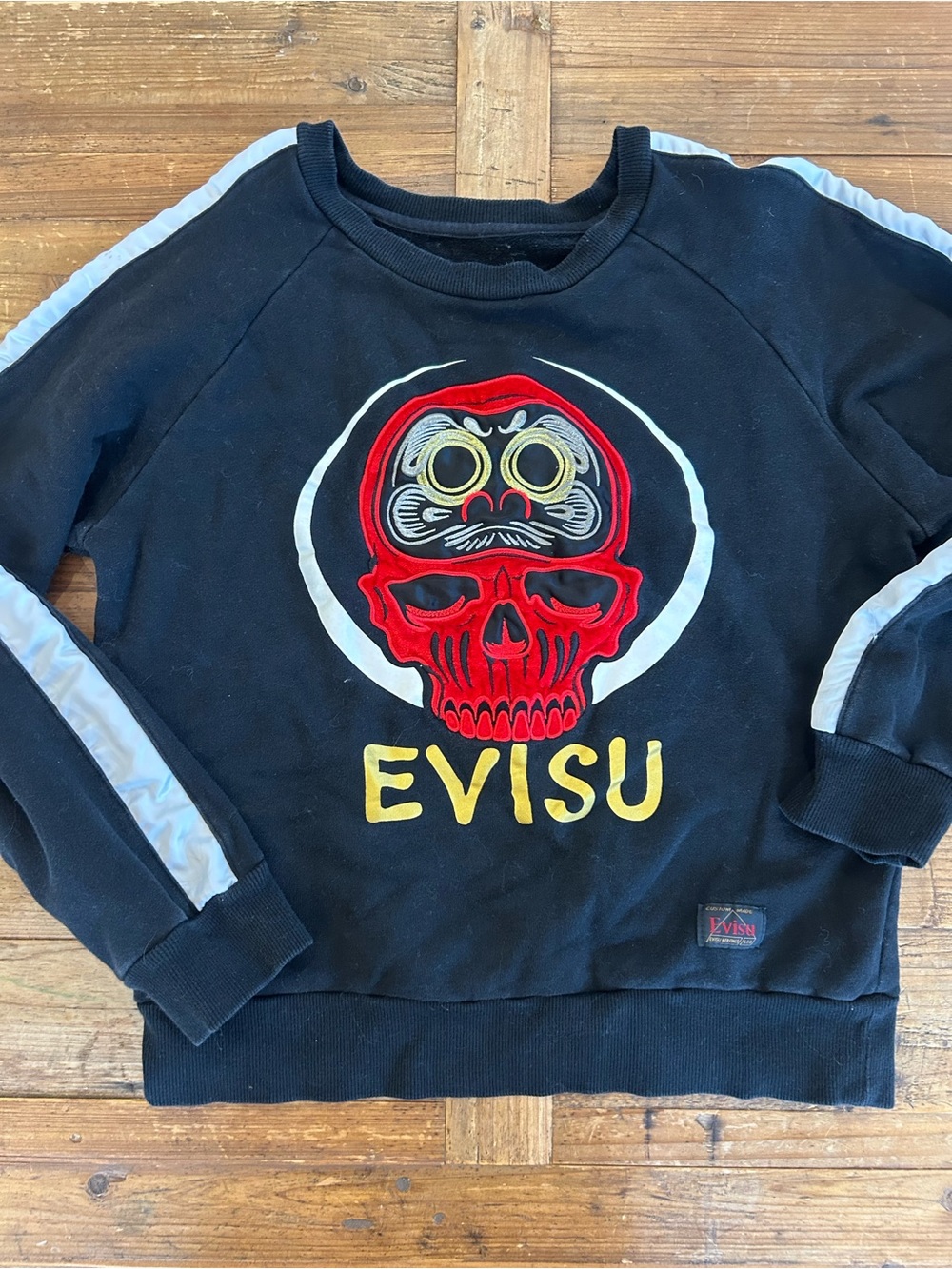 Evisu Black Crewneck Sweater with Red Skull and Yellow Logo